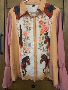 Floral & Horse Print Button-Up Blouse in Peach and Pink